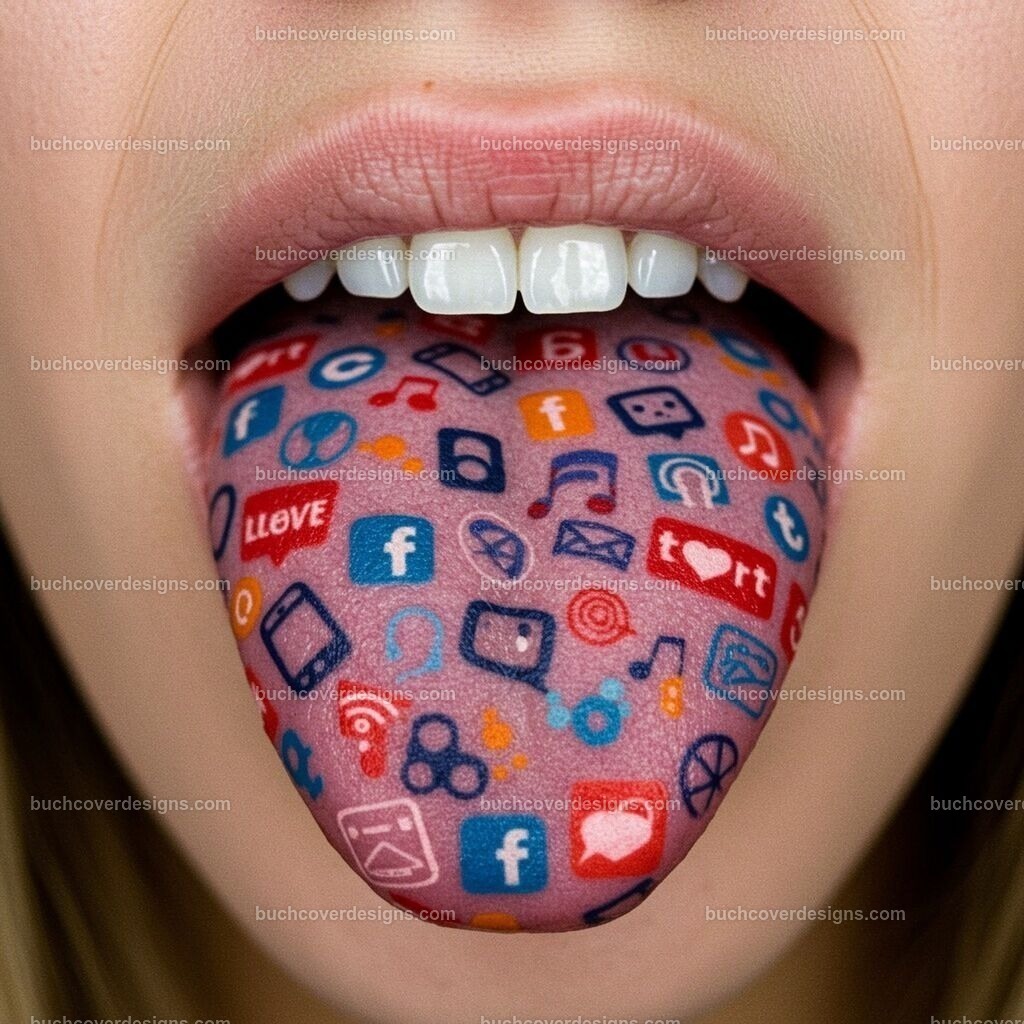 Zunge mit Social Media Tattoo Symbole Logo | Entdecken Sie kreative Buch Cover Designs für Self-Publishing-Autoren und Verlage! Unsere maßgeschneiderten Designs ziehen Leser an und bringen Ihre Geschichten visuell zum Leben. Lassen Sie uns Ihr perfektes Cover gestalten!
