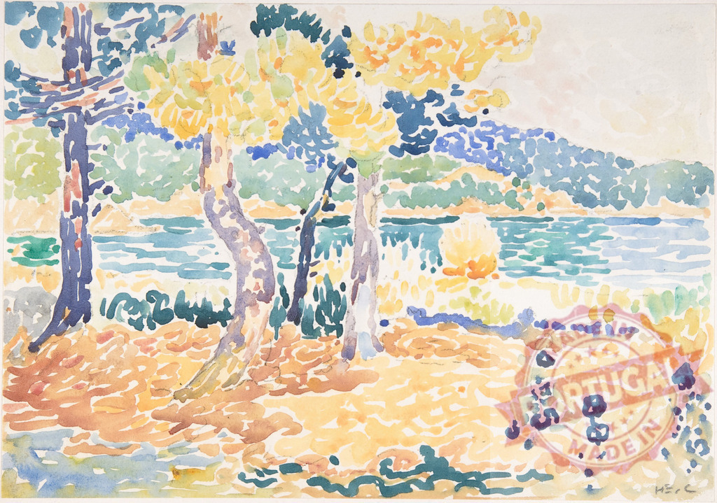 Watercolor landscape with trees near a lake. Henri Edmund Cross | Watercolor landscape painting featuring colorful trees, a calm lake, and distant hills - Realisiert mit Pictrs.com