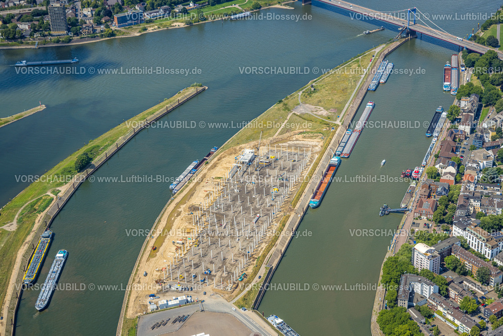 Duisburg250703201Nord | Luftbild, Mercatorinsel Binnenschifffahrt auf Vinckekanal und Hafenkanal, Stangenwald-Baustelle mit Logistik-Halle Neubau, Ruhrort, Duisburg, Ruhrgebiet, Nordrhein-Westfalen, Deutschland