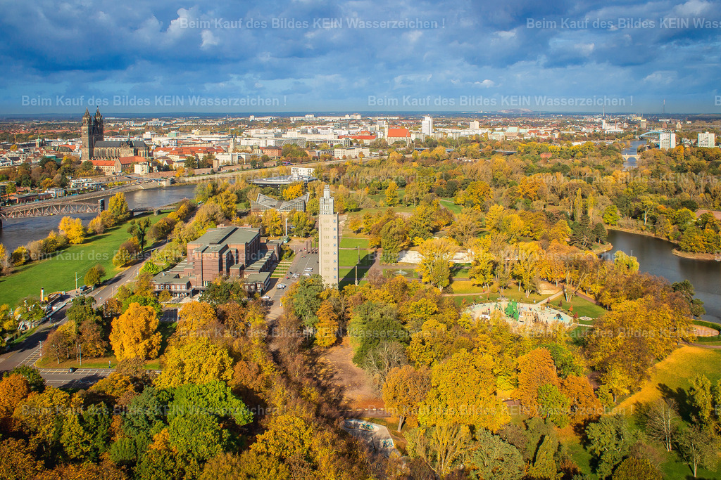Magdeburg_Stadtpark_Herbst-5951 | Bevor wir den Stadtpark verlassen, werfen wir noch einen letzten Blick zurück. Im Herbst zeigt sich der Rotehornpark von seiner besonders farbenfrohen Seite. Zwischen den bunt gefärbten Baumkronen entdecken wir den Spielplatz, die Stadthalle und in der Ferne bereits den Magdeburger Dom. - Realisiert mit Pictrs.com