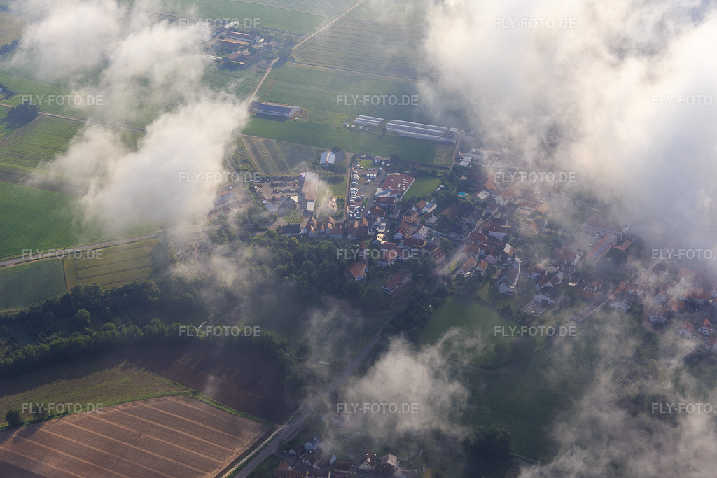 Luftbild: Protestantische Kirche unter Wolken in Minfeld im Bundesland Rheinland-Pfalz in Deutschland. Foto: IMG_089977.jpg vom 26.06.2016 durch Werner Riehm/FLY-FOTO.de