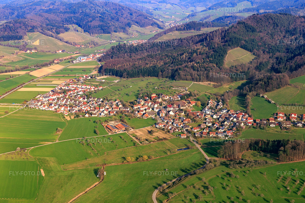 Luftbild: Ortsansicht von Westen in Heuweiler im Bundesland Baden-Württemberg in Deutschland. Foto: IMG_113048.jpg vom 22.03.2019 durch Werner Riehm/FLY-FOTO.de