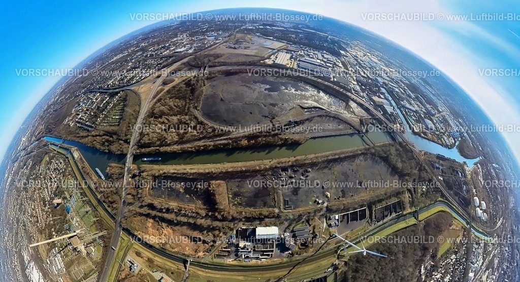 Bottrop240190175Sturmhof_FreiheitEmscher | Luftbild, Baustelle neues Gewerbegebiet Freiheit Emscher am Rhein-Herne-Kanal, Fluss Emscher und gesperrte Rhein-Herne-Kanalbrücke mit rotem Geländer, Autobahn A42 Emscherschnellweg, Infrastruktur, Doppelbogenbrücke an der Stadtgrenze Essen, Sturmhof Stadthafen Essen, Erdkugel, Fisheye Aufnahme, Fischaugen Aufnahme, 360 Grad Aufnahme, tiny world, little planet, fisheye Bild, Welheim, Bottrop, Ruhrgebiet, Nordrhein-Westfalen, Deutschland