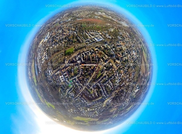 Bochum240190069Langendreer | Luftbild, Ortsansicht Wohngebiet Ortsteil Langendreer, Erdkugel, Fisheye Aufnahme, Fischaugen Aufnahme, 360 Grad Aufnahme, tiny world, little planet, fisheye Bild, , , Ruhrgebiet, ,