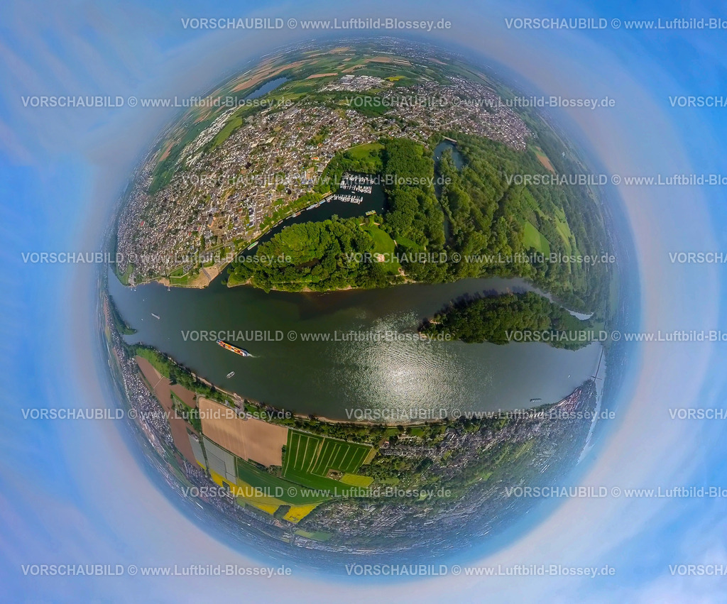 Bonn240590113Rhein_Siegmuendung | Luftbild, Fluss Sieg und Siegmündung, Fluss Rhein und Binnenschifffahrt mit 
Containerschiff, Diescholl Altarm der Sieg und Waldgebiet Siegaue, Ortsansicht Mondorf und Bergheim, Mondofer Hafen und Rhein-Yacht-Club Niederkassel-Mondorf e.V., Erdkugel, Fisheye Aufnahme, Fischaugen Aufnahme, 360 Grad Aufnahme, tiny world, little planet, fisheye Bild, Bergheim, Troisdorf, Nordrhein-Westfalen, Deutschland