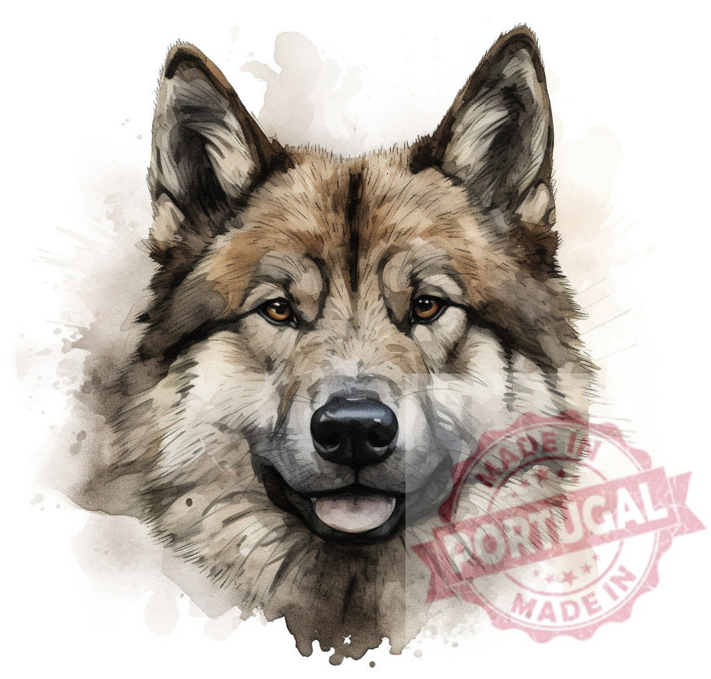 Dog watercolor portrait showing a happy canine face | Professional artful dog portraits Dog watercolor portrait featuring a brown and grey furred canine looking forward - Realized with Pictrs.com