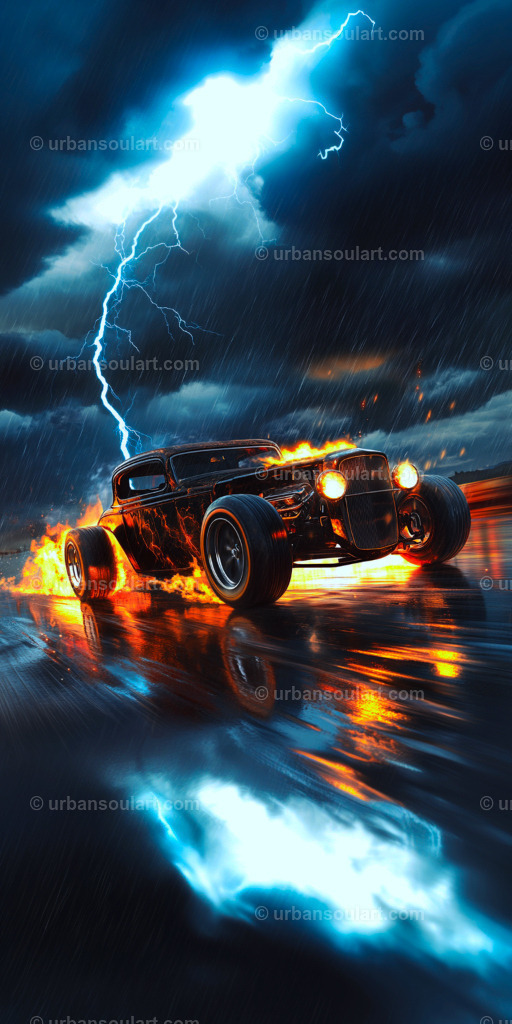 Lightning Hot Rod Ride | A thrilling depiction of a fiery hot rod speeding through a stormy night with lightning illuminating the background. Ideal for car enthusiasts and those seeking bold, dynamic art, this canvas brings a sense of power and excitement to any room. - Realisiert mit Pictrs.com
