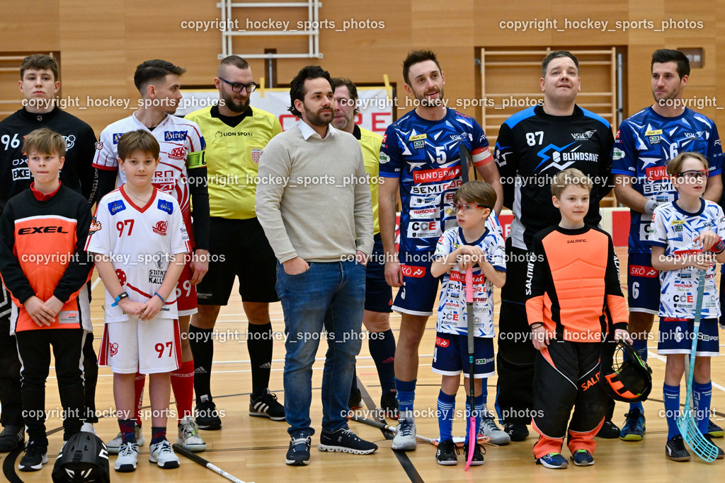 VSV Unihockey vs. KAC Floorball 4.2.2023 | Ehrung Helmut Koloini, #5 Michael Kanduth, #87 Timmo Taurer, #6 Timo Schmid