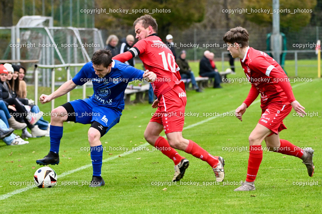 SV Rothenthurn vs. Union Matrei | #11 Philipp Wibmer Matrei, #10 Thomas Platzer SV Rothenthurn, #15 Julian Katholnig SV Rothenthurn, SV Rothenthurn vs. Union Matrei, SV Rothenthurn vs. Union Matrei am 09.11.2024 in Rothenthurn (Sportplatz Rothenthurn), Austria, (Photo by Bernd Stefan)