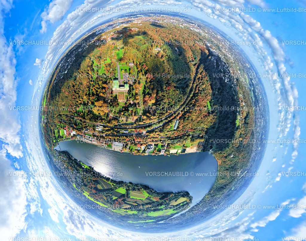 Essen251002979Sued(1) | Luftbild, Villa Hügel und Hügelpark mit herbstlichem Kruppwald, ehemaliges Wohnhaus der Industriellenfamilie Krupp, Baldeneysee und Seaside Beach Baldeney Strand, Erdkugel, Fisheye Aufnahme, Fischaugen Aufnahme, 360 Grad Aufnahme, tiny world, little planet, fisheye Bild, Bredeney, Essen, Ruhrgebiet, Nordrhein-Westfalen, Deutschland