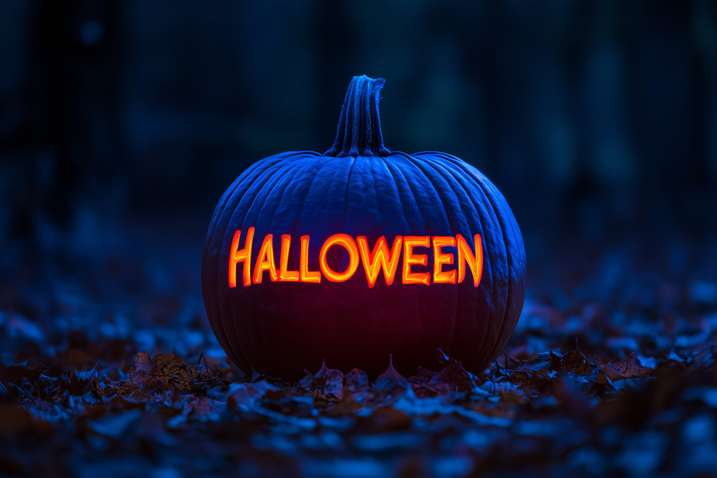 HALLOWEEN | Halloweengrüße: Kürbis bei Dunelheit mit der Aufschrift HALLOWEEN  - Realisiert mit Pictrs.com