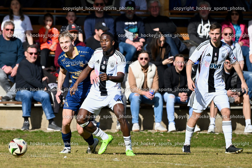 ATUS Velden vs. SPG LASK Amateure OÖ | #3 Marlon Louis Winter ATUS Velden, #16 Vincent Jonah Augustus LASK Amateure, #17 Armin Midzic LASK Amateure, ATUS Velden vs. SPG LASK Amateure OÖ, ATUS Velden vs. SPG LASK Amateure OÖ am 07.03.2026 in Velden (Wald Arena Velden), Austria, (Photo by Bernd Stefan)