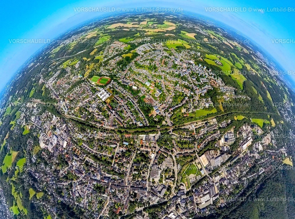 Gevelsberg230890001 City | Luftbild, City Innenstadt, Hauptbahnhof, Stadion Stefansbachtal, Erdkugel, Fisheye Aufnahme, Fischaugen Aufnahme, 360 Grad Aufnahme, tiny world, Gevelsberg, Ruhrgebiet, Nordrhein-Westfalen, Deutschland
