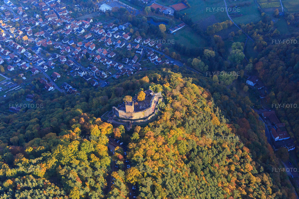 Burgruine der Burg Landeck im herbstlichem Wald bei Abendlicht https://www.landeck-burg.de/ | Luftbild: Burgruine der Burg Landeck im herbstlichem Wald bei Abendlicht https://www.landeck-burg.de/ in Klingenmünster im Bundesland Rheinland-Pfalz in Deutschland. Foto: IMG_095756.jpg vom 30.10.2016 durch Werner Riehm/FLY-FOTO.de - Realisiert mit Pictrs.com