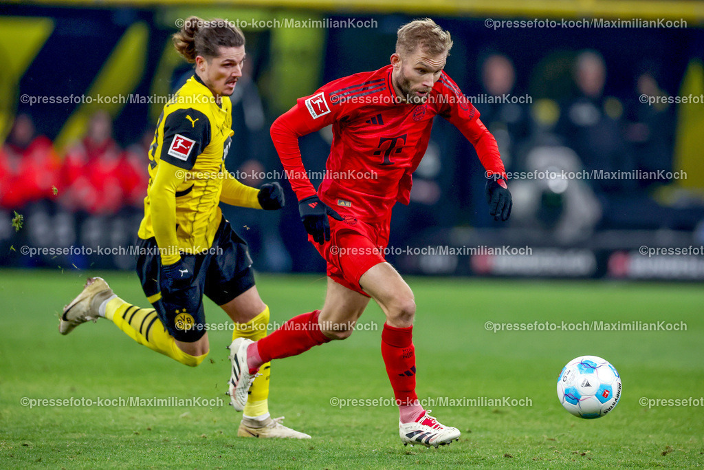 BVB30112401056 | 30.11.2024, Borussia Dortmund - FC Bayern München, 1. Fußball Bundesliga, 12. Spieltag, Signal Iduna Park, Saison 2024 2025: Zweikampf Konrad Laimer (Bayern #27) gegen Marcel Sabitzer (BVB #20)DFB regulations prohibit any use of photographs as image sequences and or quasi-video.