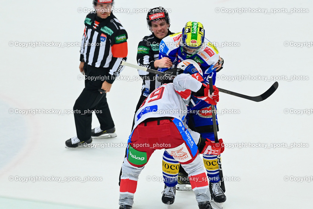 EC IDM WÄRMEPUMPEN VSV vs. EC KAC | NIKOLIC MANUEL Referee, NOTHEGGER DAVID Referee, #89 Raphael Herburger EC KAC, #10 Thomas Vallant EC VSV, EC IDM WÄRMEPUMPEN VSV vs. EC KAC, EC IDM WÄRMEPUMPEN VSV vs. EC KAC am 14.11.2025 in Villach (Stadthalle Villach), Austria, (Photo by Bernd Stefan)