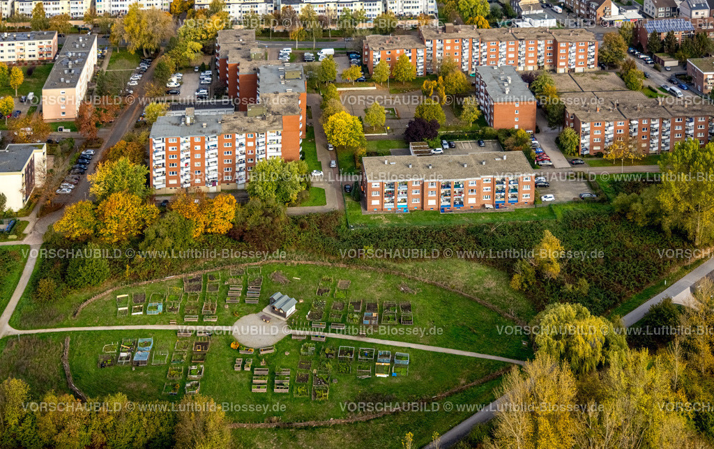 Hamm221012491 | Luftbild, Urbaner Garten in der Kornmersch, Rheinsberger Platz mit Hochhaussiedlung, Bockum-Hövel, Hamm, Ruhrgebiet, Nordrhein-Westfalen, Deutschland