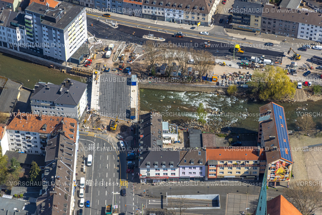 Hagen220401921 | Luftbild, Brückenbau Marktbrücke, Märkischer Ring am Fluss Lenne, Mittelstadt, Hagen, Ruhrgebiet, Nordrhein-Westfalen, Deutschland