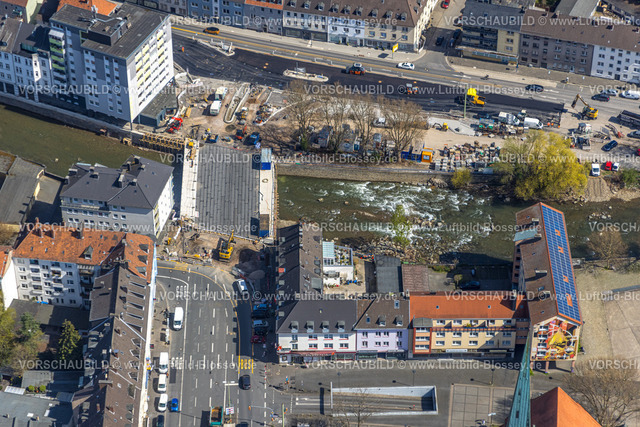 Hagen220401921 | Luftbild, Brückenbau Marktbrücke, Märkischer Ring am Fluss Lenne, Mittelstadt, Hagen, Ruhrgebiet, Nordrhein-Westfalen, Deutschland