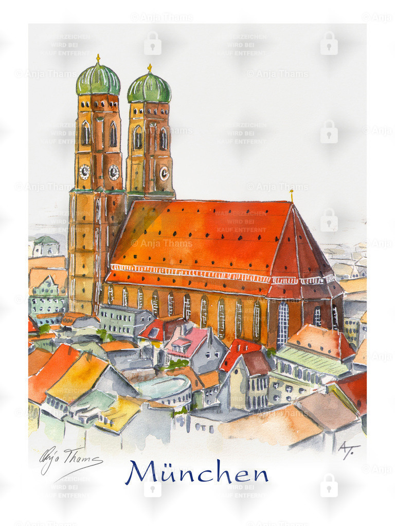 München, Frauenkirche | Aquarell der Münchener Frauenkirche (Dom zu Unserer Lieben Frau) - Realisiert mit Pictrs.com