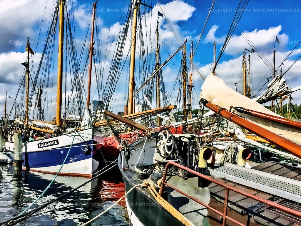 PDM2_9294_RR-Hafen-2019_100x75 | DIGITALKUNST. Flensburger Hafen - Westufer. __ Historische Segelschiffe - Traditionssegler - vertäut am Westufer im Hafen von Flensburg. Hafenstimmung während der " Rum-Regatta " bei Sonnenschein. - Realisiert mit Pictrs.com