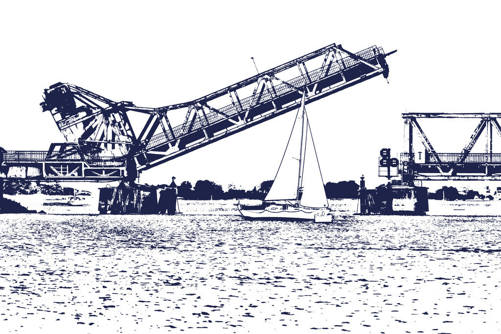 Photoart: Geöffnete Schleibrücke in Lindaunis | Dieses Wandbild im Querformat zeigt die geöffnete Schleibrücke in Lindaunis. Die Idee bei diesem Bild war es, nur die wesentlichen Bildinformationen zu nutzen. Daher wurde die Umgebung mittels Schwellenwerten reduziert und in blau gefärbt. Auf diese Weise liegt der Fokus auf der Schleibrücke und nicht auf Farben in der Umgebung. Zudem erhalten Sie ein edles maritimes Wandbild, welches sich zu vielen Einrichtungsstilen kombinieren lässt.  - Realisiert mit Pictrs.com