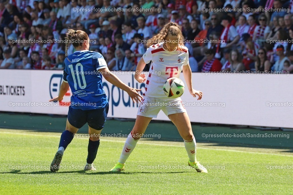xSSC11052502045 | 11.05.2025, xsscx, Frauen Fußball, 1. FC Köln - Turbine Potsdam, 1. Fußball Bundesliga, 22. Spieltag, Franz-Kremer-Stadion, Saison 2024 2025: Adrijana Mori (Turbine Potsdam 10) im Zweikampf mit Lotta Cordes (1. FC Köln 6) DFB regulations prohibit any use of photographs as image sequences and or quasi-video.