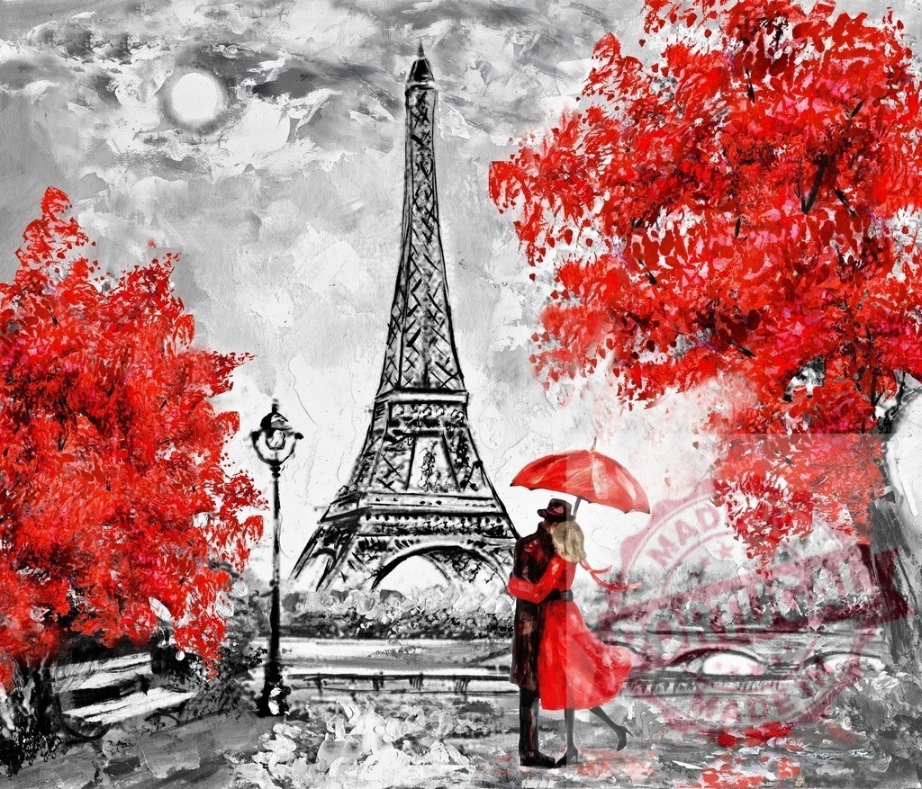 Romantic couple embracing in Paris under red umbrella | Romantic couple embracing while standing under a red umbrella with the Eiffel Tower in background - Realisiert mit Pictrs.com