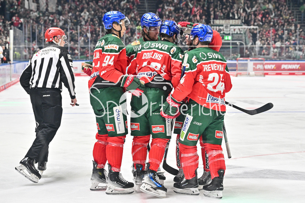 Augsburger Panther - Düsseldorfer EG | Jubel der Panther nach dem Treffer zum 3-0 durch T. J. TREVELYAN (Augsburger Panther #24) / Freude / Happy / Tor / Torschuetze / DEL: Augsburger Panther - Düsseldorfer EG, Curt Frenzel Stadion am 13.12.2024