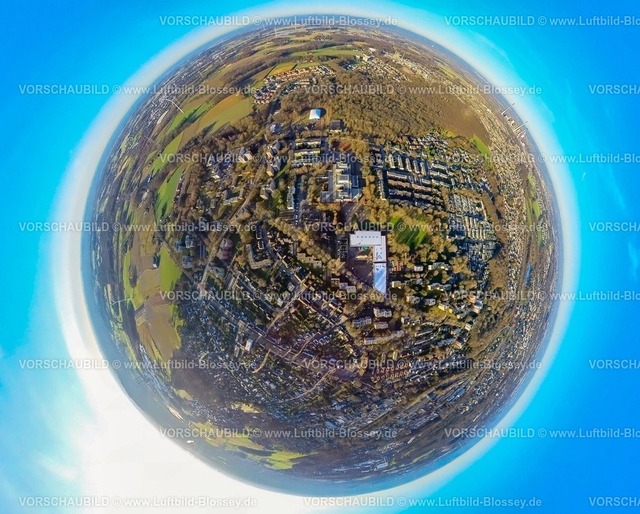 Gladbeck240190217Rentfort | Luftbild, Wohngebiet Ortsansicht Ortsteil Rentfort, Neubau Geschäftszentrum und Einkaufszentrum Rentfort-Nord, Ingeborg-Drewitz-Gesamtschule, Erdkugel, Fisheye Aufnahme, Fischaugen Aufnahme, 360 Grad Aufnahme, tiny world, little planet, fisheye Bild, Rentfort, Gladbeck, Ruhrgebiet, Nordrhein-Westfalen, Deutschland