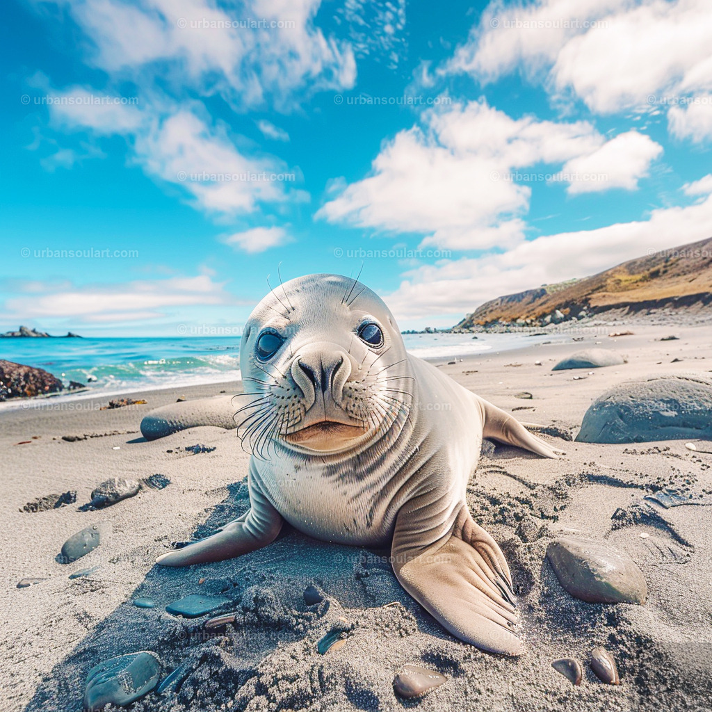 Baby Elephant Seal On The Beach | Adorable and heartwarming, this baby elephant seal resting on a sandy beach is perfect for animal lovers. The playful expression and bright coastal background make this a charming piece that brings warmth and joy to your decor. - Realisiert mit Pictrs.com