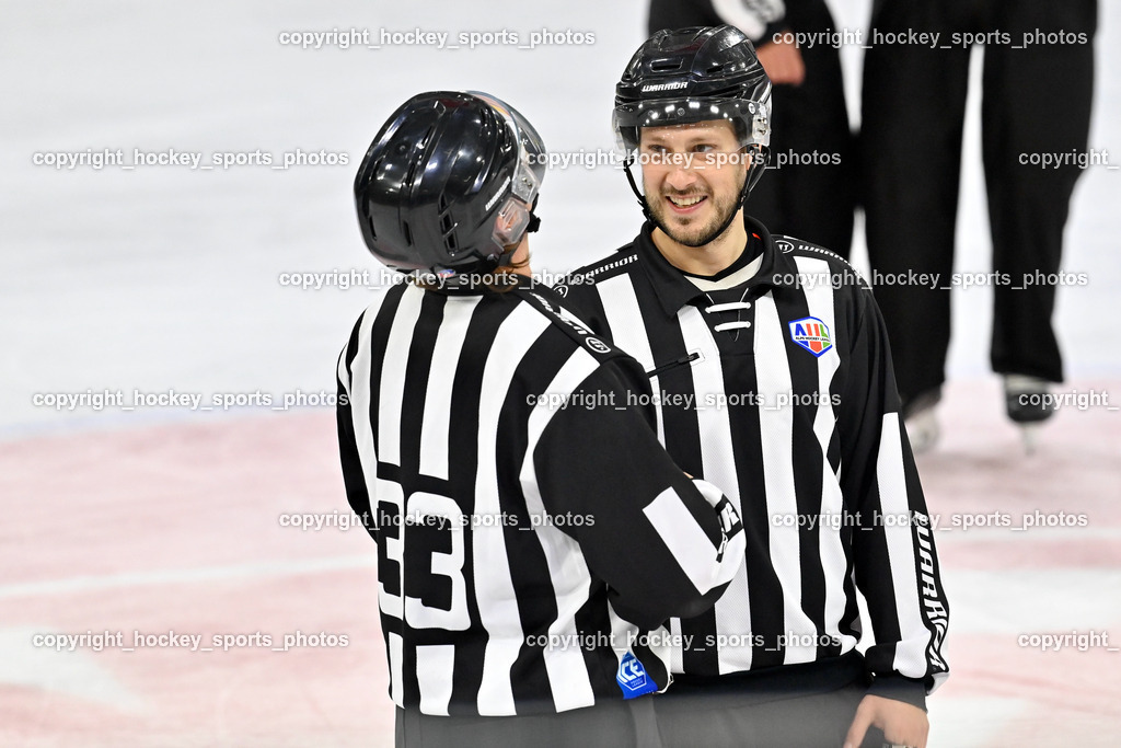EC KAC Future Team vs. Die Adler Kitzbühl 7.10.2023 | KANYO Tamas Referee, LEGAT Konrad Referee, EC KAC Future Team vs. Die Adler Kitzbühl 7.10.2023, EC KAC Future Team vs. Die Adler Kitzbühl am 07.10.2023 in Klagenfurt (Messehalle Klagenfurt), Austria, (Photo by Bernd Stefan)