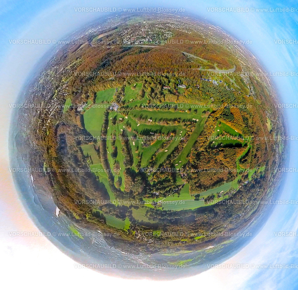 Dortmund20221020_03_Golfplatz_Syburg | Luftbild, Golfplatz Syburg, Herbstfarben, Dortmunder Golfclub an der Hohensyburg, Fisheye Aufnahme, Fischaugen Aufnahme, 360 Grad Aufnahme, Syburg, Dortmund, Ruhrgebiet, Nordrhein-Westfalen, Deutschland