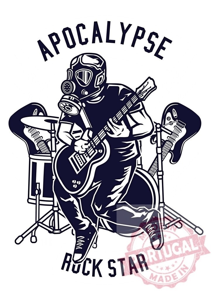 Gas mask musician playing guitar in apocalypse rock band | Man in gas mask playing electric guitar with drums and guitars in background - Realisiert mit Pictrs.com