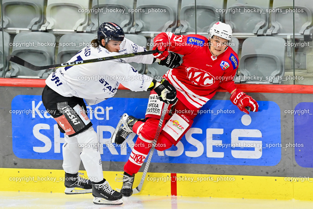 EC KAC Future Team vs. Die Adler Kitzbühl 7.10.2023 | #41 Szabad Kevin EC Kitzbühel, #70 Lippitsch Jakob EC KAC FUTURE TEAM, EC KAC Future Team vs. Die Adler Kitzbühl 7.10.2023, EC KAC Future Team vs. Die Adler Kitzbühl am 07.10.2023 in Klagenfurt (Messehalle Klagenfurt), Austria, (Photo by Bernd Stefan)