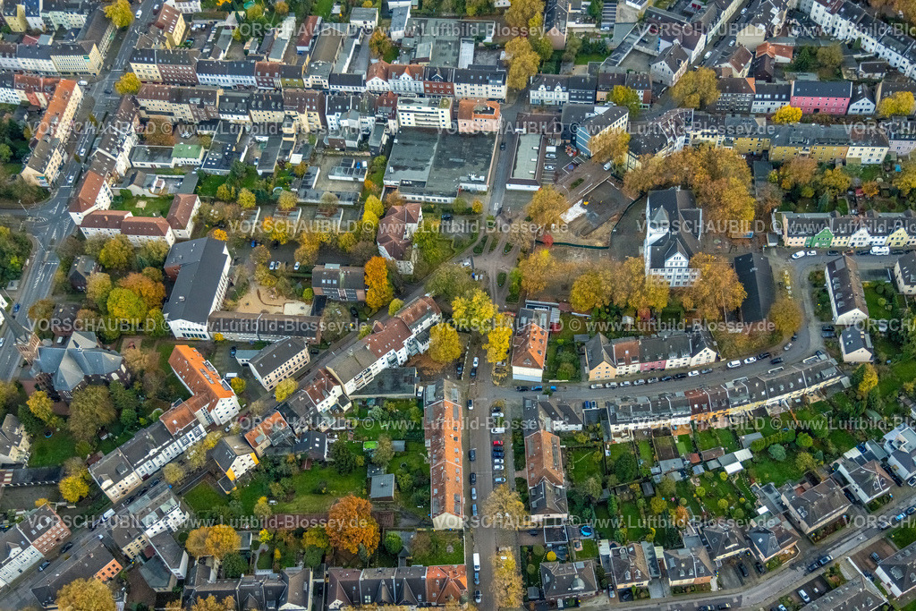 Gelsenkirchen231102882 | Luftbild, Baustelle an der GGS Turmschule mit Wohngebiet Schonnebecker Straße mit evang. Kirche Rotthausen, umgeben von herbstlichen Laubbäumen, Rotthausen, Gelsenkirchen, Ruhrgebiet, Nordrhein-Westfalen, Deutschland