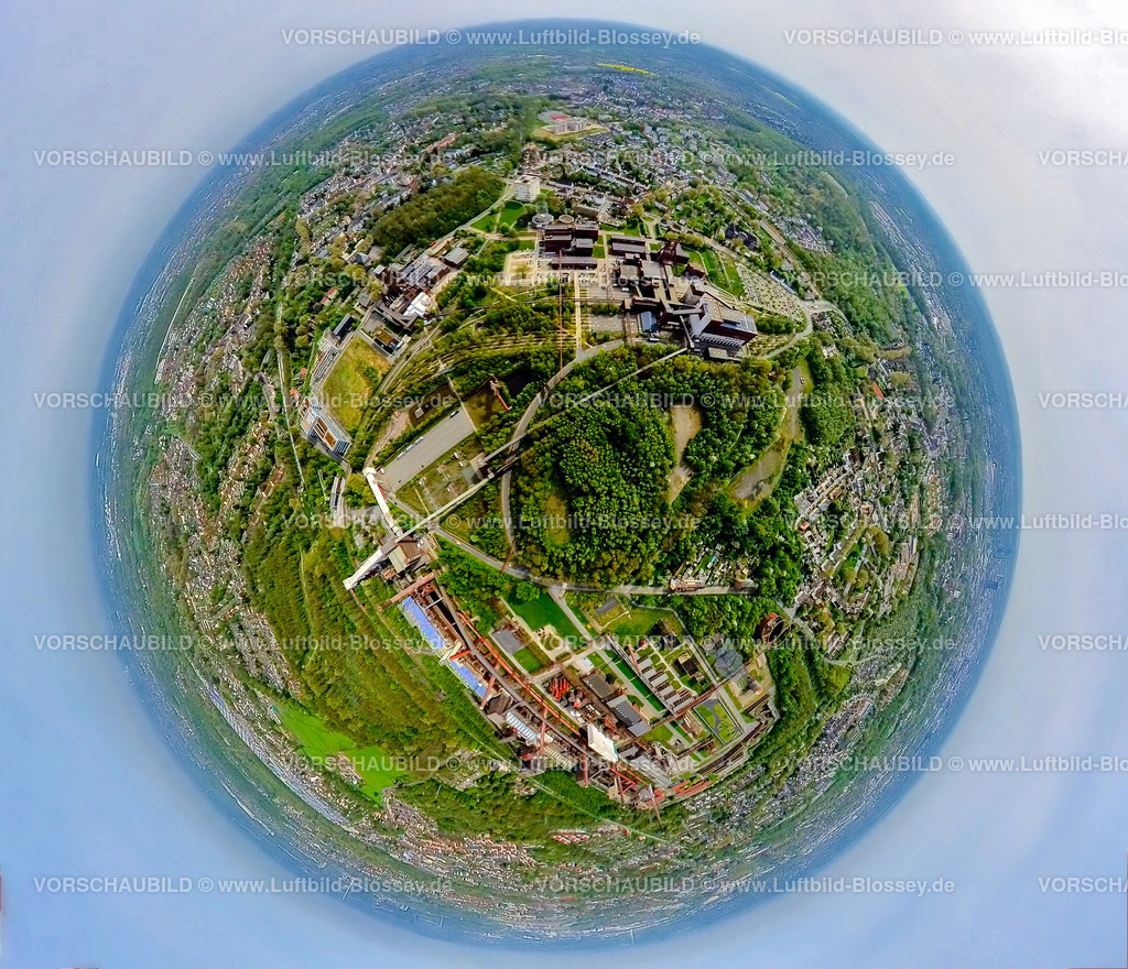 Essen240490036ZecheZollverein | Luftbild, UNESCO-Welterbe Zollverein, Zeche Zollverein und Kokerei, Waldgebiet Skulpturenpark, Erdkugel, Fisheye Aufnahme, Fischaugen Aufnahme, 360 Grad Aufnahme, tiny world, little planet, fisheye Bild, Stoppenberg, Essen, Ruhrgebiet, Nordrhein-Westfalen, Deutschland