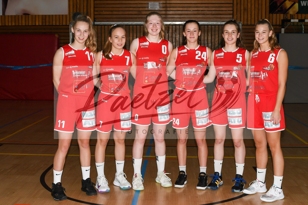 TEAOSC20201023_0037 | Basketball, Juniorinnen: v.li. Zoe Perlick, Marie Dreyer, Maira Banko, Luise Hansmann und Louisa Riehemann und Frieda Buehner.  bei der Team Presentation der Panthers Academy Osnabrueck am 23.10.2020 in Osnabrueck, Deutschland. - Realisiert mit Pictrs.com