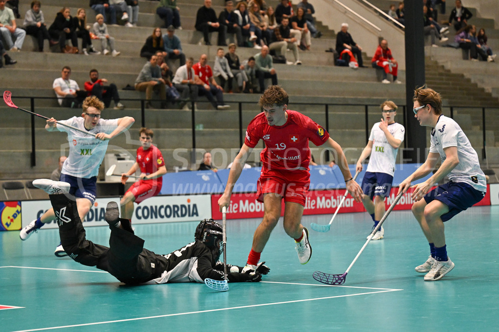 Switzerland B U19 vs Finland U19 - 2. February 2024 | Switzerland B U19 vs Finland U19
U19 Men International Matches in Switzerland
GoEasy Arena, Siggenthal Station
Switzerland forward #19 Noël Greber and Finland goalkeeper #31 Veikko Rauhanen.
Credit: Markus Aeschimann | <a href="https://www.markus-aeschimann.ch">Sportfotografie Markus Aeschimann</a> | <a href="https://www.instagram.com/sportfotografie.aeschimann">@sportfotografie.aeschimann</a> - Realisiert mit Pictrs.com