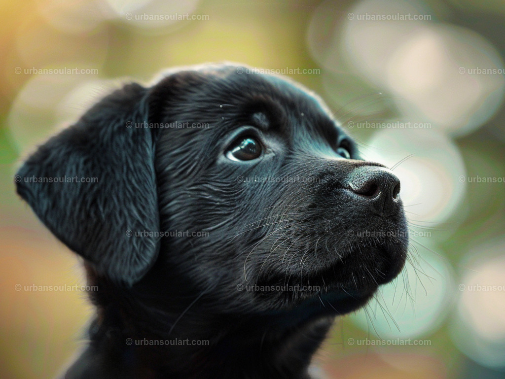 Black Labrador Puppy | An adorable close-up of a black Labrador puppy with an inquisitive gaze, capturing its playful and innocent nature. Ideal for adding warmth and charm to any space, a perfect choice for dog lovers. - Realisiert mit Pictrs.com