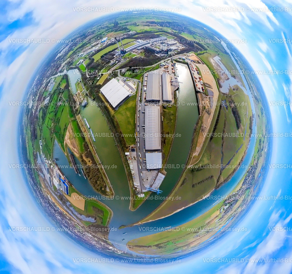 Voerde240390028FriedrichsfeldHafenEmmelsumDeltaPort | Luftbild, Hafen Emmelsum am Fluss Rhein, DeltaPort Hafenverbund, Friedrichsfeld, Erdkugel, Fisheye Aufnahme, Fischaugen Aufnahme, 360 Grad Aufnahme, tiny world, little planet, fisheye Bild, Emmelsum, Voerde, Niederrhein, Nordrhein-Westfalen, Deutschland