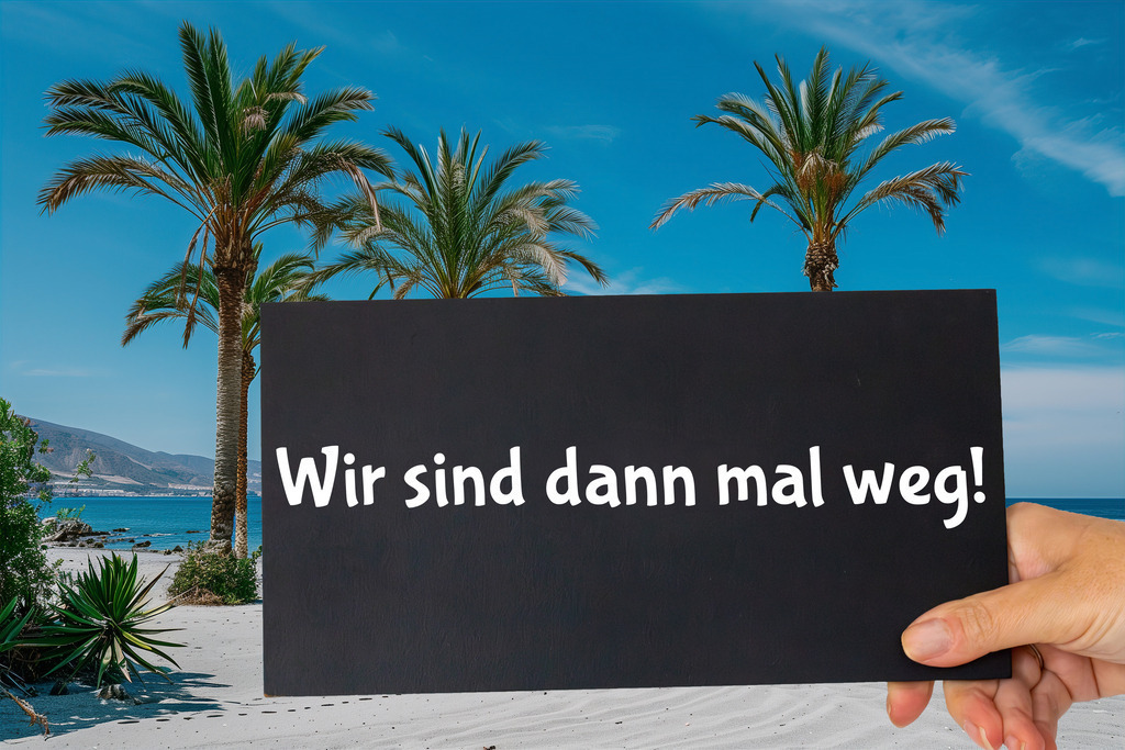 Schild mit der Aufschrift WIR SIND DANN MAL WEG vor Meer, Strand und Palmen (Composing, Hintergrund K.I.-generiert) | Schild mit der Aufschrift WIR SIND DANN MAL WEG vor Meer, Strand und Palmen (Composing, Hintergrund K.I.-generiert) - Realisiert mit Pictrs.com