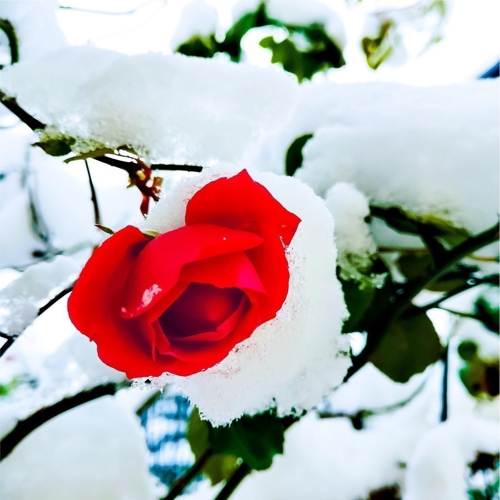 Winter Love | Die intensiv rot strahlende Rose auf dem mit gefrorenen Schnee bedeckten Rosenstock versinnbildlicht die innerlich wärmende Kraft auch zu eiskalten Zeiten.