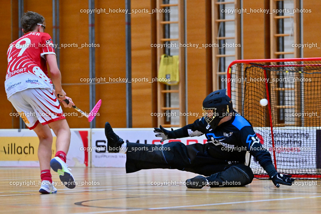 VSV Unihockey vs. KAC Floorball | #29 Sebastian Flaschberger KAC Floorball, #87 Timmo Taurer VSV Unihockey, Penalty, VSV Unihockey vs. KAC Floorball, VSV Unihockey vs. KAC Floorball am 12.04.2025 in Villach (Ballspielhalle St. Martin), Austria, (Photo by Bernd Stefan)