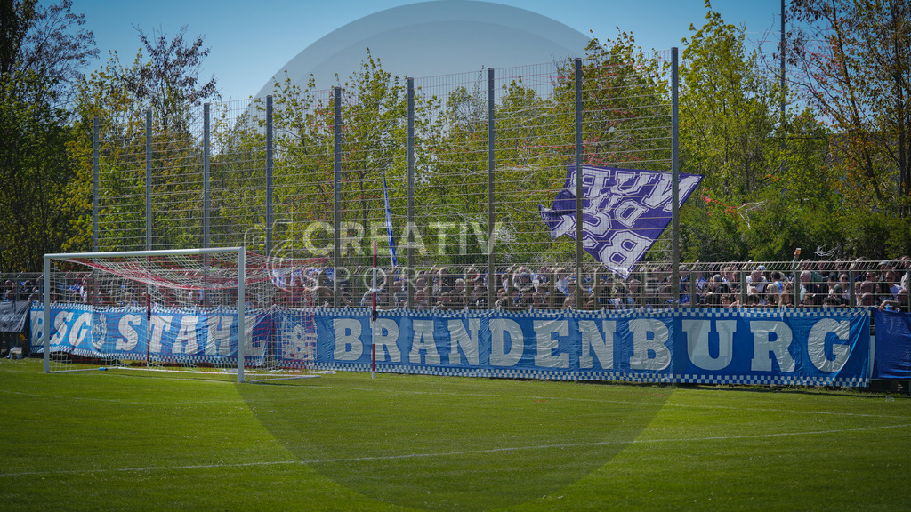 Fußball, Herren, Saison 2025/2026, Brandenburgliga, 23. Spieltag, Brandenburger SC Süd 05 vs. BSG Stahl Brandenburg, Samstag 25.04.2026, Werner-Seelenbinder-Sportplatz Brandenburg an der Havel | Fußball, Herren, Saison 2025/2026, Brandenburgliga, 23. Spieltag, Brandenburger SC Süd 05 vs. BSG Stahl Brandenburg, Samstag 25.04.2026, Werner-Seelenbinder-Sportplatz Brandenburg an der Havel, Im Bild: Ein Blick auf die Fankurve der BSG Stahl Brandenburg - Realisiert mit Pictrs.com