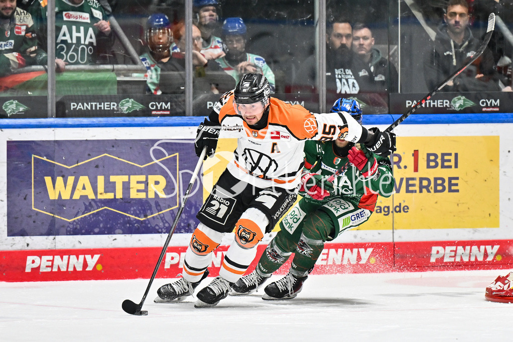 Augsburger Panther - Grizzlys Wolfsburg | AUGSBURG, GERMANY - 15. MARCH: im Duel Fabio PFOHL (Grizzlys Wolfsburg 95) und Anthony LOUIS (Augsburger Panther 18) während dem Match zwischen den Augsburger Panthern und den Grizzlys Wolfsburg am 52. Spieltag der Penny DEL im Curt Frenzel Stadion