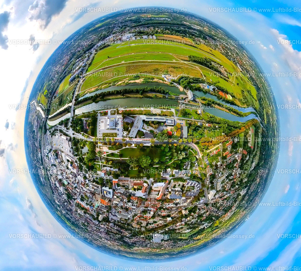Hamm240890013Lippe_Erlebnisraum_Flugplatz | Luftbild, Erlebensraum Hamm mit Gymnasium Hammonense und Wassersportzentrum am Nordringpark, Fluss Lippe, Datteln-Hamm-Kanal und Schleuse Hamm, City Innenstadt Ansicht, Flugplatz Lippewiesen, Erdkugel, Fisheye Aufnahme, Fischaugen Aufnahme, 360 Grad Aufnahme, tiny world, little planet, fisheye Bild, Stadtbezirk Heessen, Hamm, Ruhrgebiet, Nordrhein-Westfalen, Deutschland