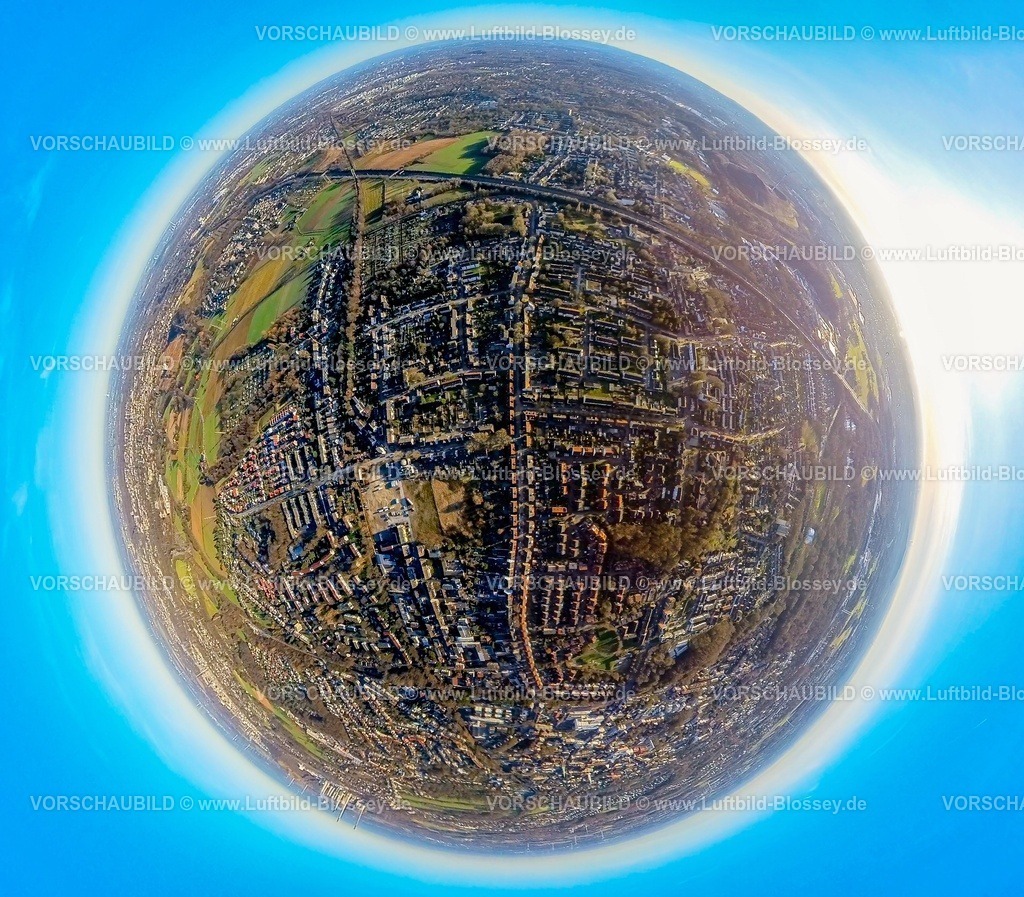 Gladbeck240190226Butendorf_Landstrasse | Luftbild, Ortsansicht und Wohngebiet mit Häuserreihe mit roten Dächern an der Landstraße, Erdkugel, Fisheye Aufnahme, Fischaugen Aufnahme, 360 Grad Aufnahme, tiny world, little planet, fisheye Bild, Butendorf, Gladbeck, Ruhrgebiet, Nordrhein-Westfalen, Deutschland