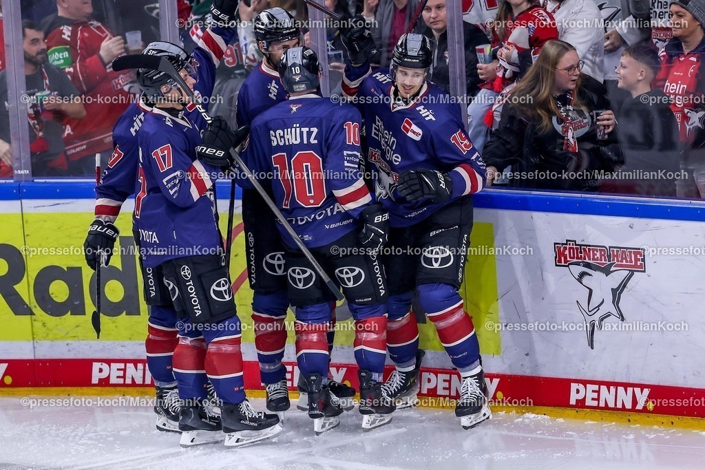 KEC03012501035 | 03.01.2025, Eishockey, Penny DEL, Kölner Haie - EHC Red Bull München, Spieltag 33, Lanxess-Arena Köln: Torjubel nach dem 1:1 Ausgleich durch Torschütze Louis-Marc Aubry (Kölner Haie #15)