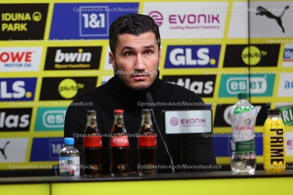 BVB10012501163 | 10.01.2025, Fußball, Borussia Dortmund - Bayer 04 Leverkusen, 1. Fußball Bundesliga, 16. Spieltag, Signal Iduna Park, Saison 2024 2025: Pressekonferenz mit den Trainern nach dem Spiel - Trainer Nuri Sahin (Cheftrainer BVB) bei der PKDFB regulations prohibit any use of photographs as image sequences and or quasi-video.